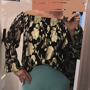 Milly Black and Gold Metallic Off-Shoulder Blousel